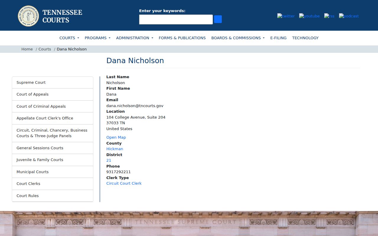 Official Hickman County criminal court clerk directory listing