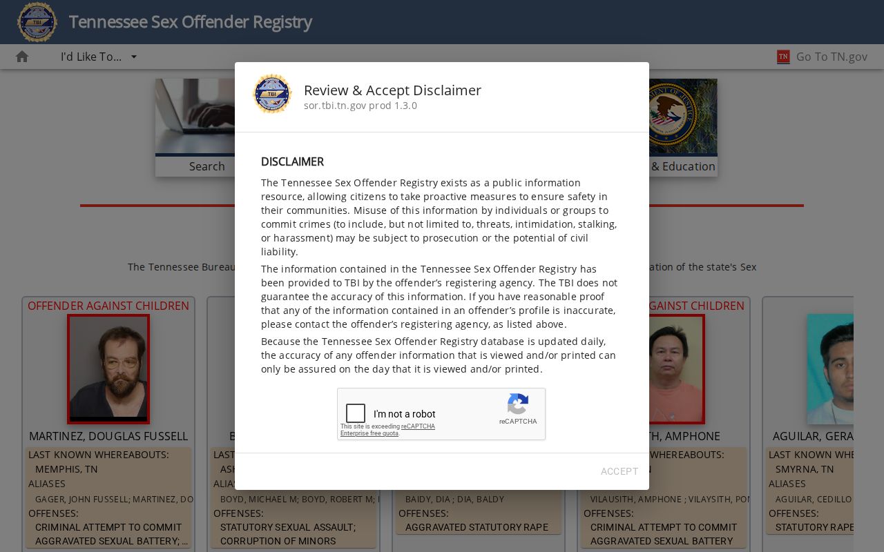 Tennessee registry interface for a Hickman County sex offender search
