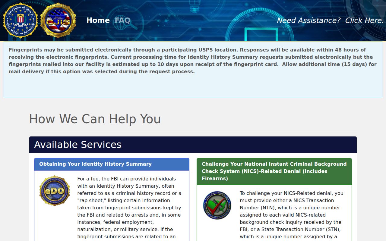 FBI electronic identity history request portal for Hickman County residents