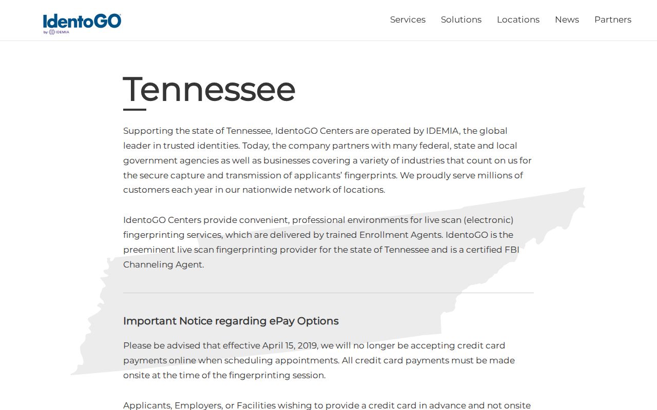 Tennessee IdentoGO fingerprint location and appointment page serving Hickman County