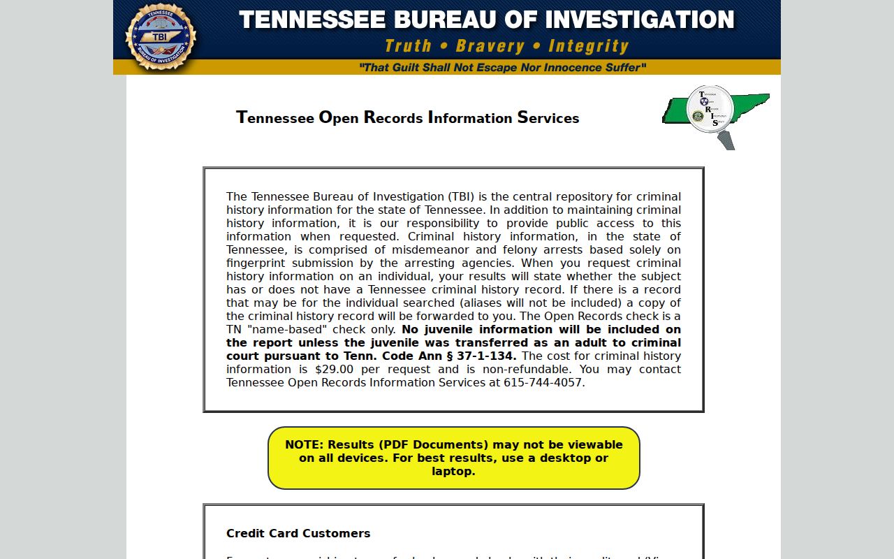 TBI TORIS name-check start page and fee for Hickman County criminal history